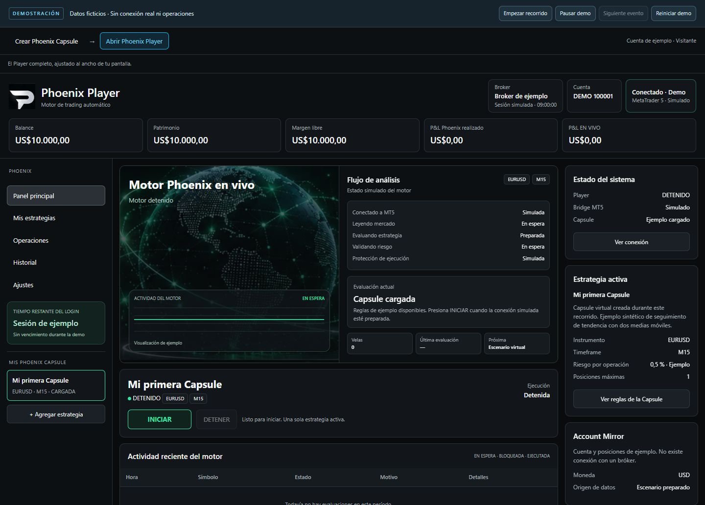 Vista de ejemplo de Phoenix Player · Datos simulados